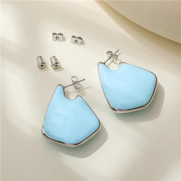 Light Blue Geometric Gold Statement Earrings – Chunky & Lightweight - Picture 3 of 5